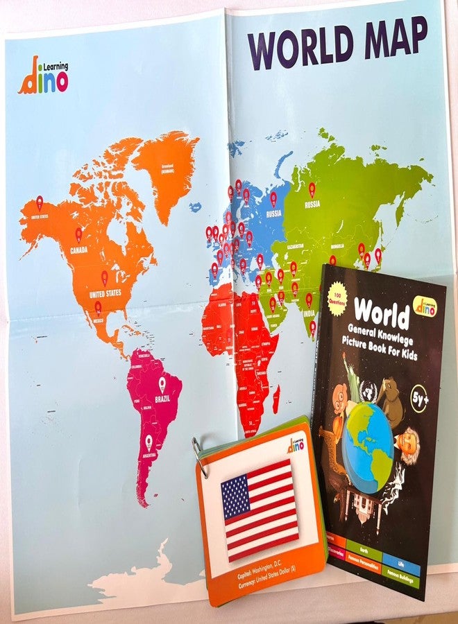 Learning Dino 3-in-1 Kit for Kids with GK Book, Countries Flashcards, and World Map | Educational Game | Gift for Kids - Image 1